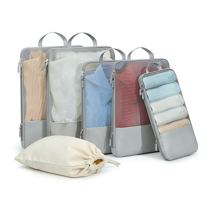 Koffer Organizer, 6er Set Packing Cubes Kompression Grau mit Langgriff, Premium Packwürfel für Reise