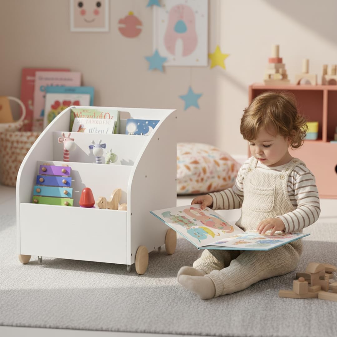 Bellabino Towy Kinderregal – Kinder Bücherregal mit 3 Fächern – Montessori Regal Weiss - Aufbewahrun