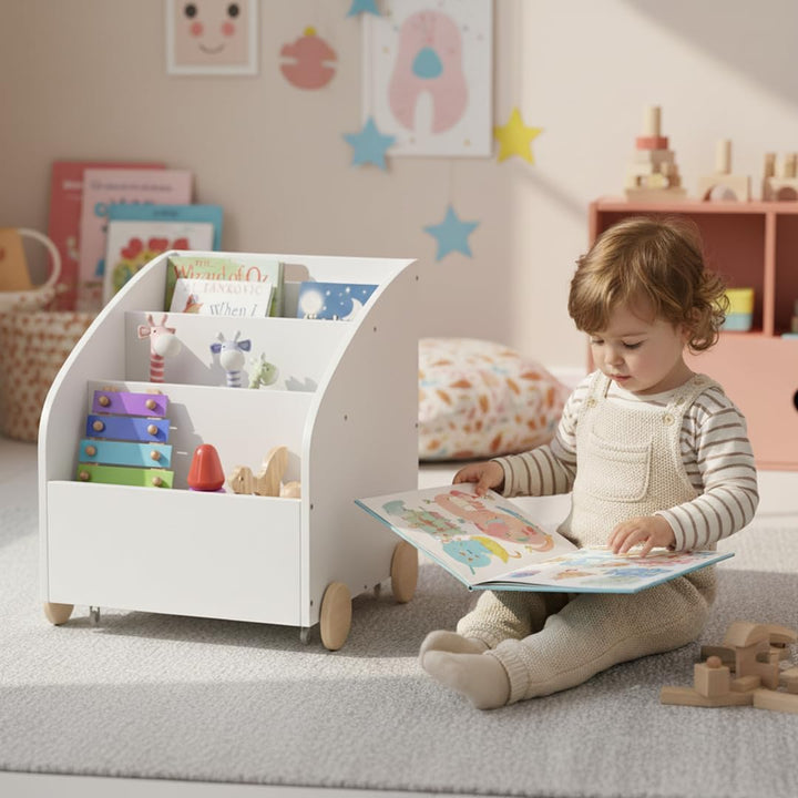 Bellabino Towy Kinderregal – Kinder Bücherregal mit 3 Fächern – Montessori Regal Weiss - Aufbewahrun