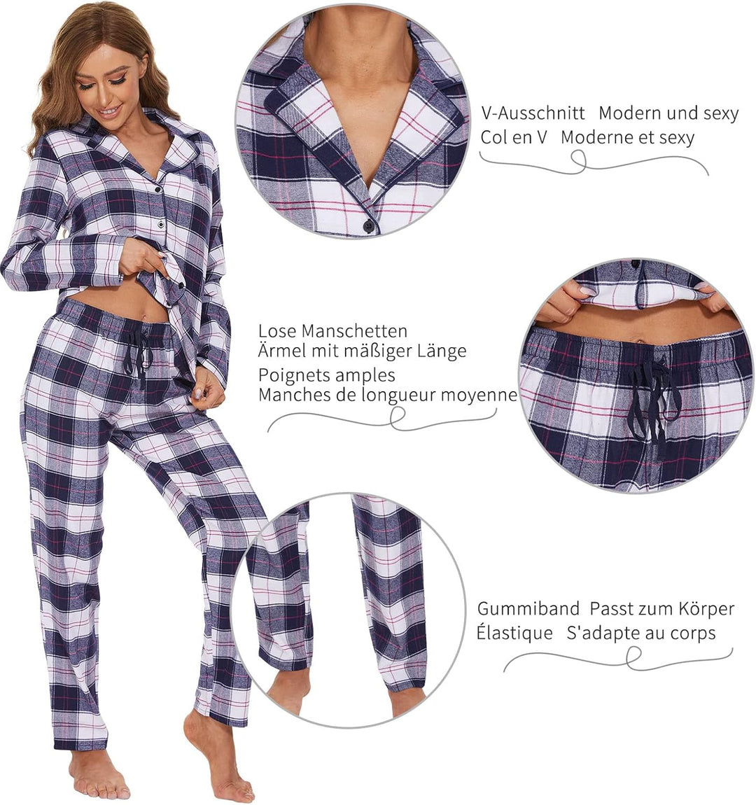 Mnemo Home Damen Schlafanzug Lang Flanell Pyjama Damen 100% Baumwolle aus Flanell Blau & Weiss L, Bl
