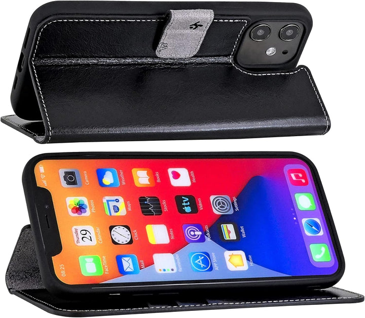 Suncase Book-Style Hülle kompatibel mit iPhone 12 (6.1") Leder Tasche (Slim-Fit) Lederhülle Handytas