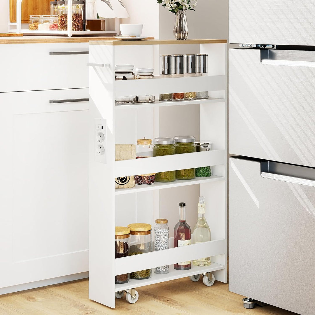 COSTWAY Nischenwagen 13cm breit, 4 Etagen Küchenwagen schmal mit Ladestation, Nischenregal auf Rolle