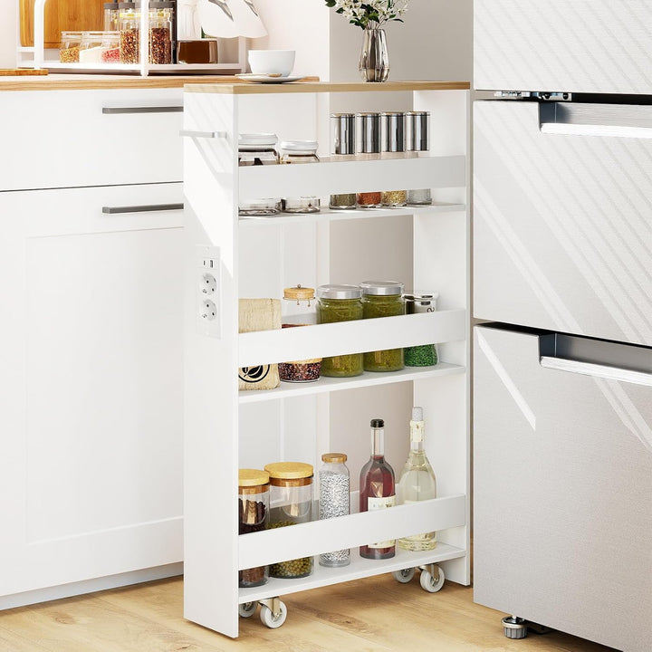 COSTWAY Nischenwagen 13cm breit, 4 Etagen Küchenwagen schmal mit Ladestation, Nischenregal auf Rolle