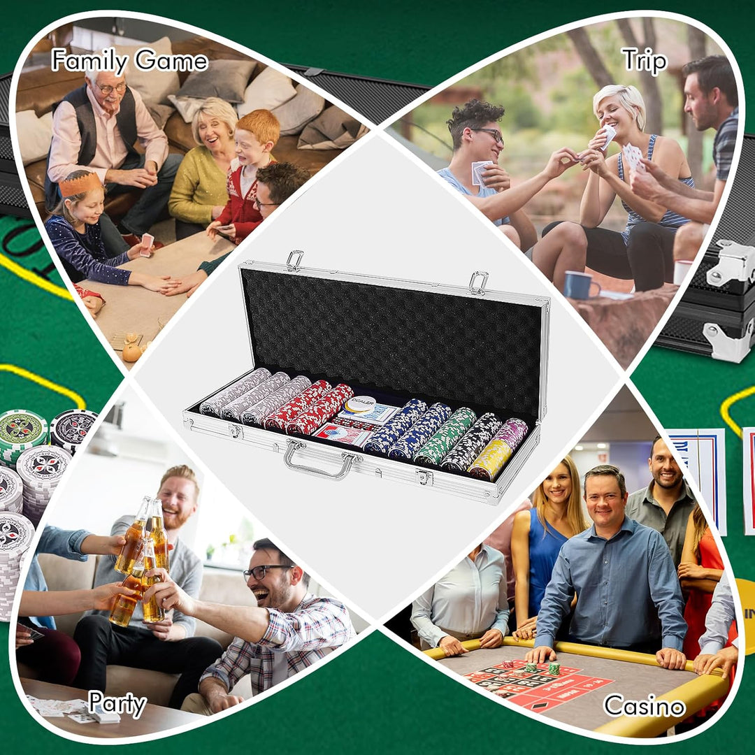 HOMASIS Pokerset mit 500 Chips, Alu Pokerkoffer mit 2 Kartendecks, 5 Würfeln, 3 Dealer Button &amp; Matt