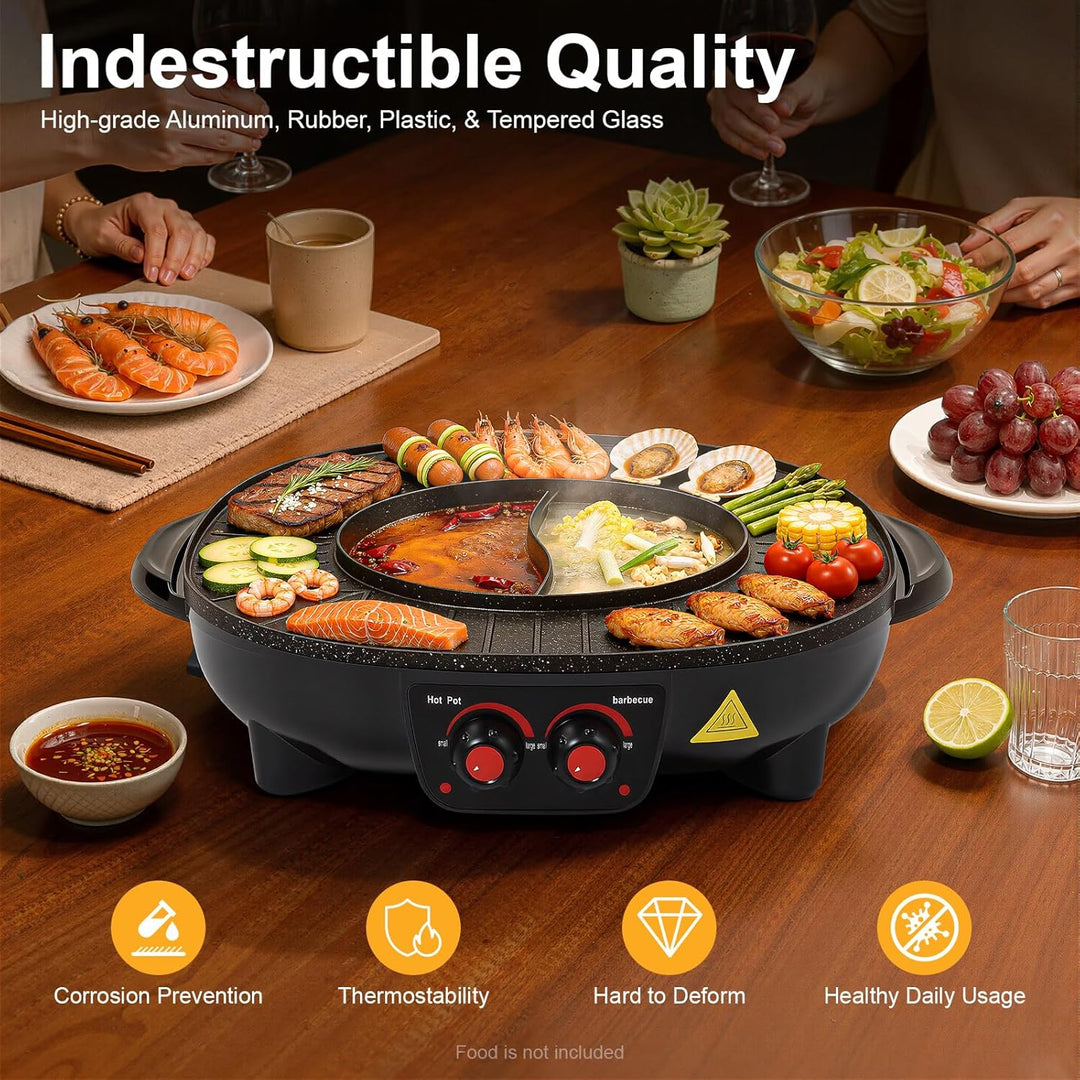 2-in-1-Grill-Hotpot, Multifunktionaler elektrischer Hotpot, Elektrischer Grill mit Grossem Fassungsv