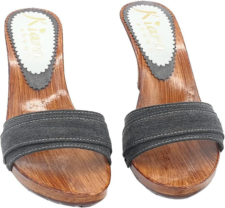 Holzeffeckt Clogs mit doppeltem grau Band hoher Absatz 9 cm - K6101 GRIGIO (38 EU, GRAU) 38 EU Grau,