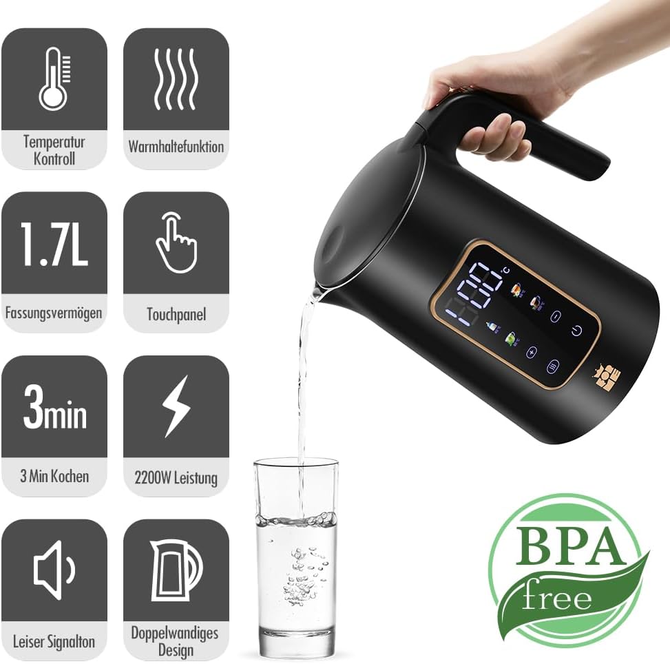 ForMe Edelstahl Wasserkocher 1,7 L mit Temperatureinstellung Temperaturwahl 40-100°C I LED Digitale