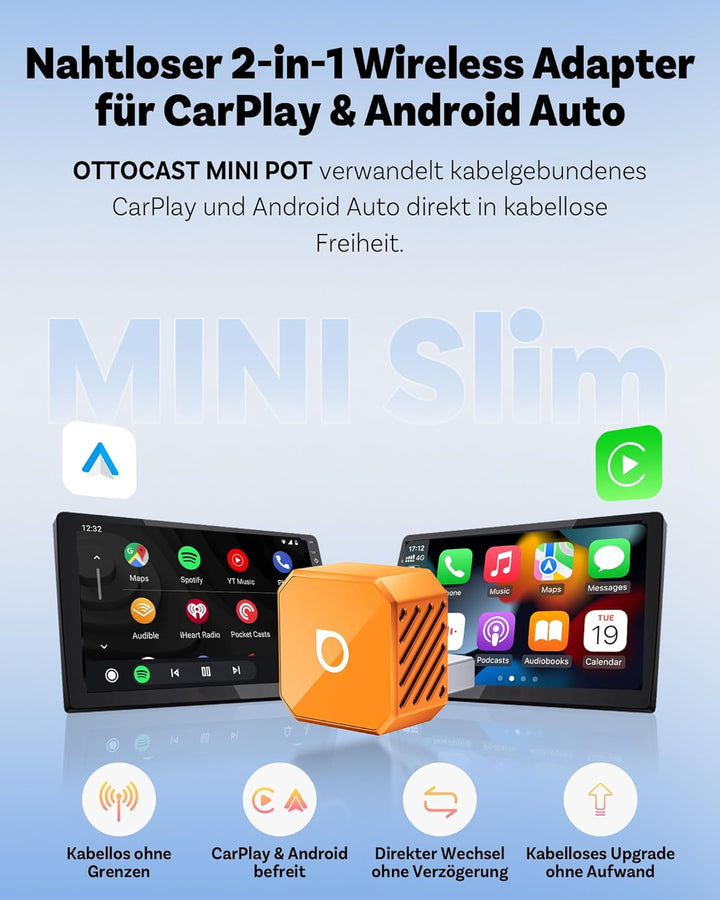 2026 Ottocast Mini Pot Orange, 2-in-1 Wireless CarPlay & Android Auto Adapter, Plug & Play Funk-Dong