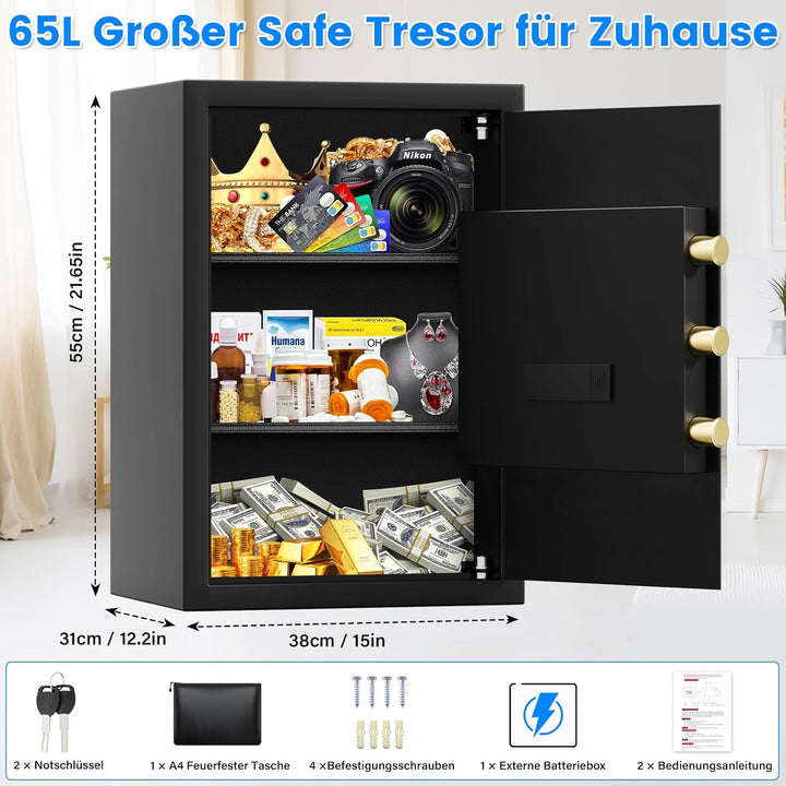 65L Grosser Feuerfester Tresor Safe mit Feuersichere Dokumententasche, Digitaler Möbeltresore mit 2