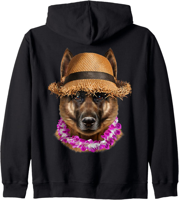 Deutscher Schäferhund mit Strohhut und Sonnenbrille Kapuzenjacke