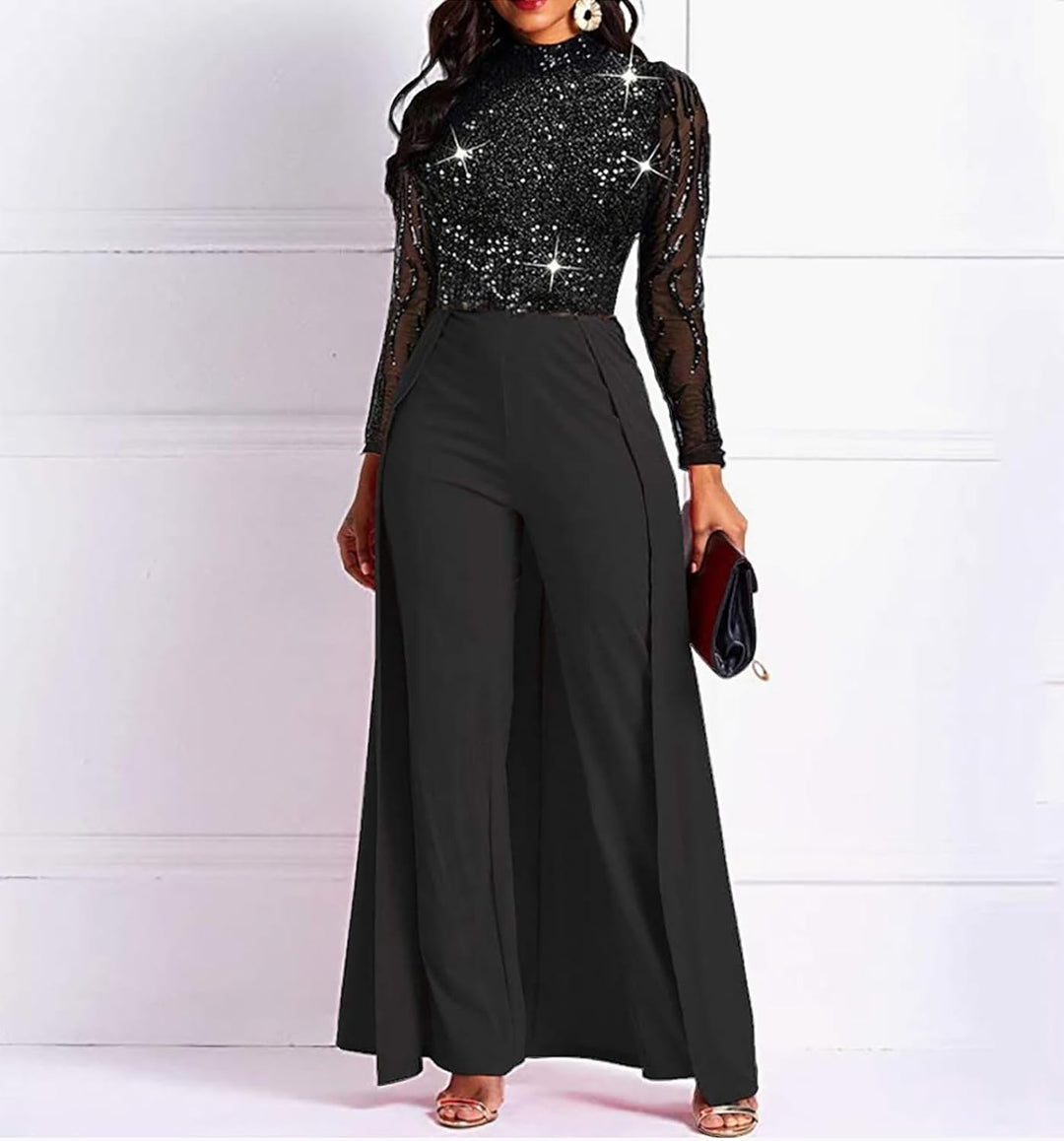 VERWIN Damen-Overall, Patchwork-Overlay, Pailletten, verziert, hohe Taille, langarm M Schwarz, M Sch