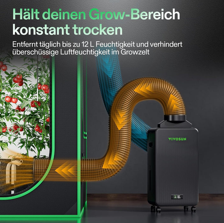 VIVOSUN AeroDrain D12 Luftentfeuchter Elektrisch 12L/Tag mit 2L Tank, Smart Dehumidifier mit Tempera