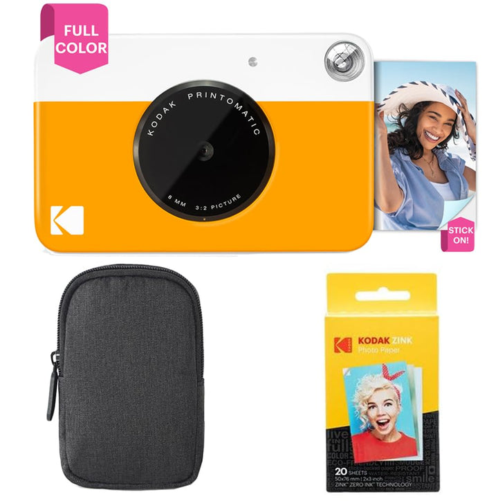 Kodak Printomatic Sofortbildkamera (Gelb) Basis-Paket + Zinkpapier (20 Blätter) Etui + Bequemer Hals
