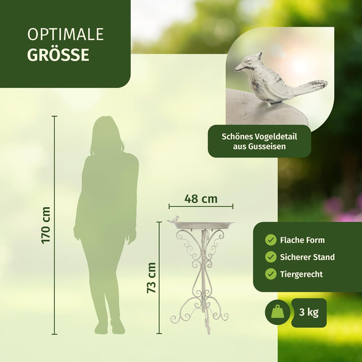 Moritz Vogeltränke Vogelbad Höhe 73cm antik weiss Vogelbecken Wassertränke mit kleinem Vogel auf der