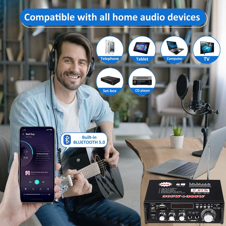 Etlephe Mini Verstärker,HIFI Verstärker,Bluetooth 5.0-Stereo Audio,12 V 220 V 600 W, 2 Kanäle, LCD-D