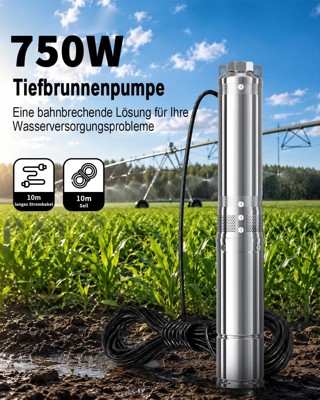 LANCHEZ Tiefbrunnenpumpe, 120 L/min Brunnenpumpe, (Max. Förderhöhe 75 M | IP68 | 230V/50Hz | mit 10M