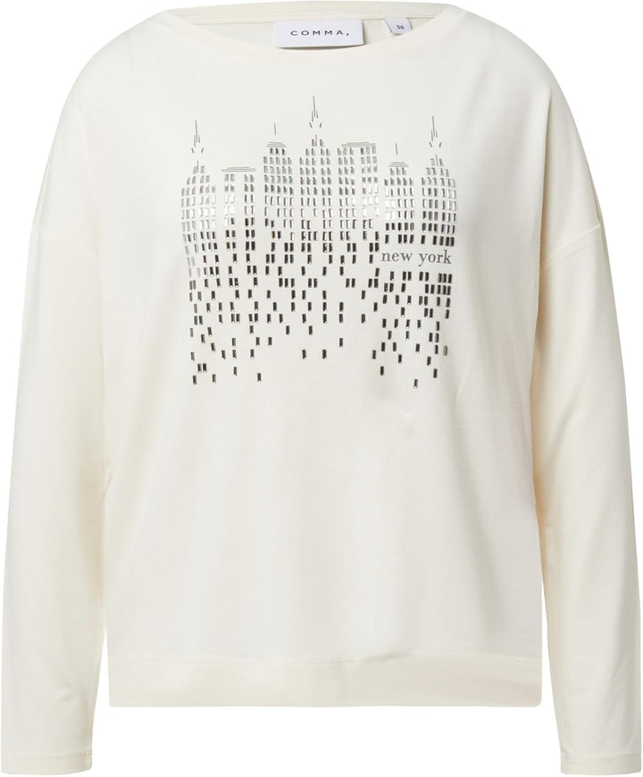 Comma Langarmshirt mit Frontprint und Strassdetails 42 04l0_creme, 42 04l0_creme