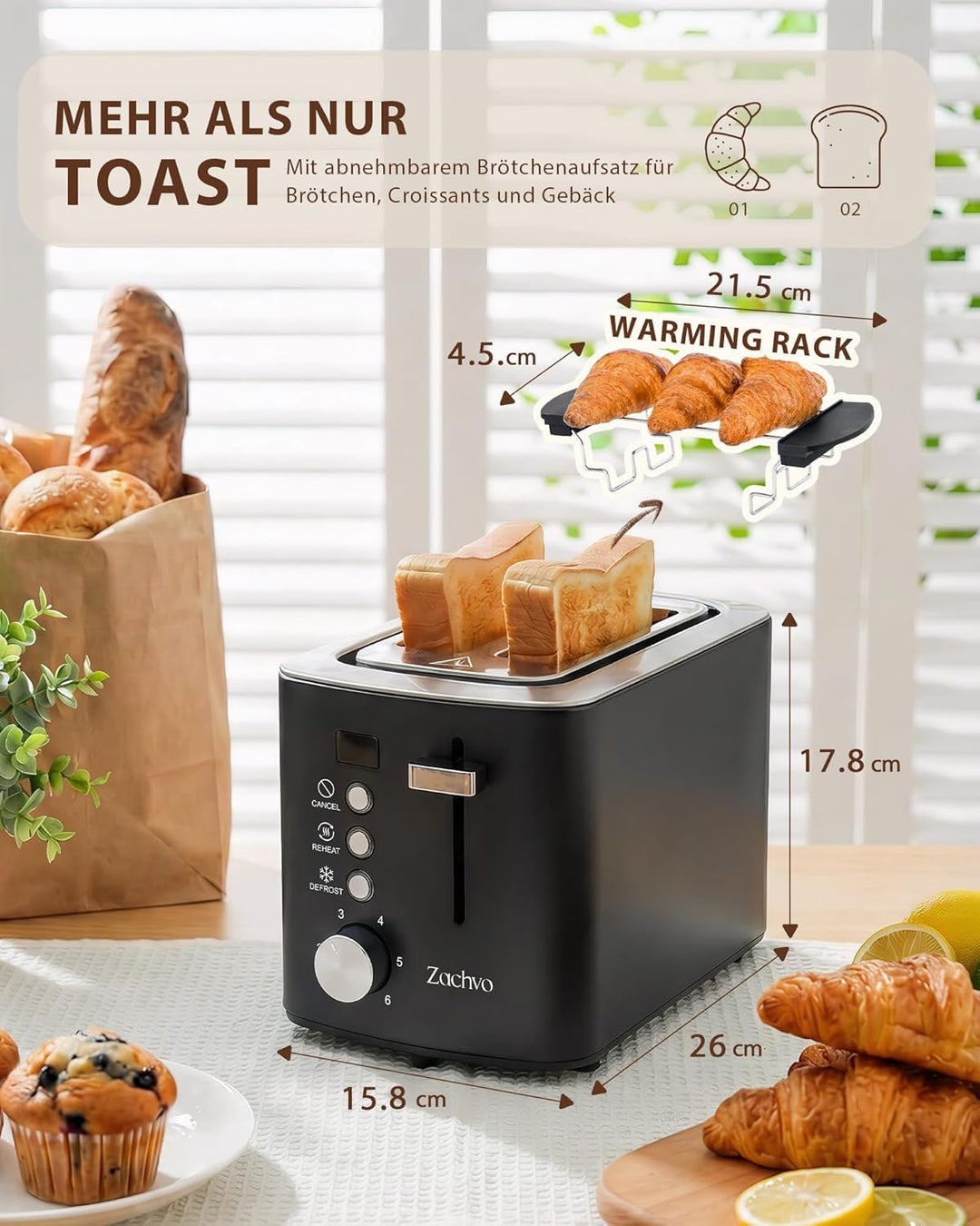 2-Scheiben Edelstahl Toaster – 3,5 cm Extra-Breitschlitz, Countdown-Anzeige, 6 Bräunungsstufen, 850