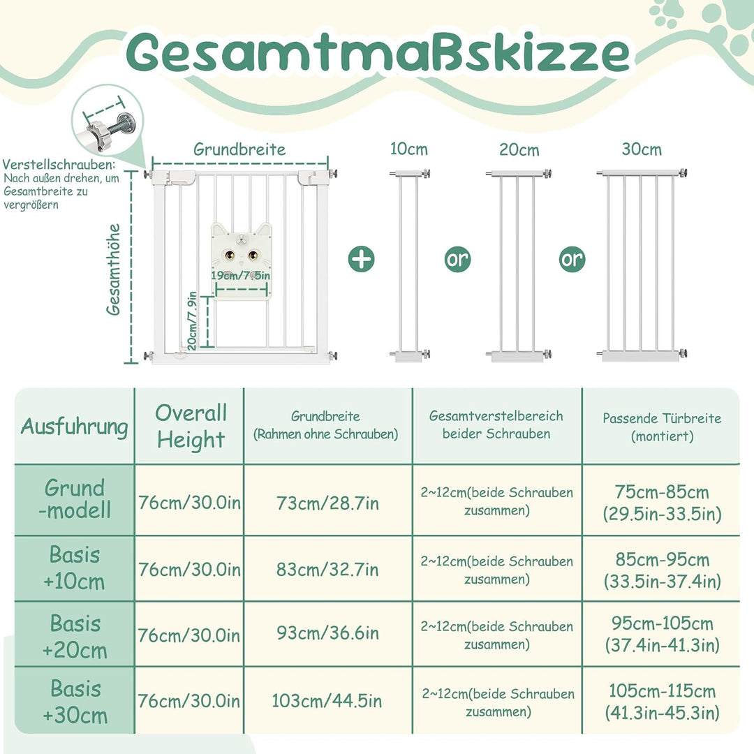 ACXIN Türschutzgitter Weiss 105-115 cm, Kinder Schutzgitter mit Katzenklappe, Babygitter Metall für