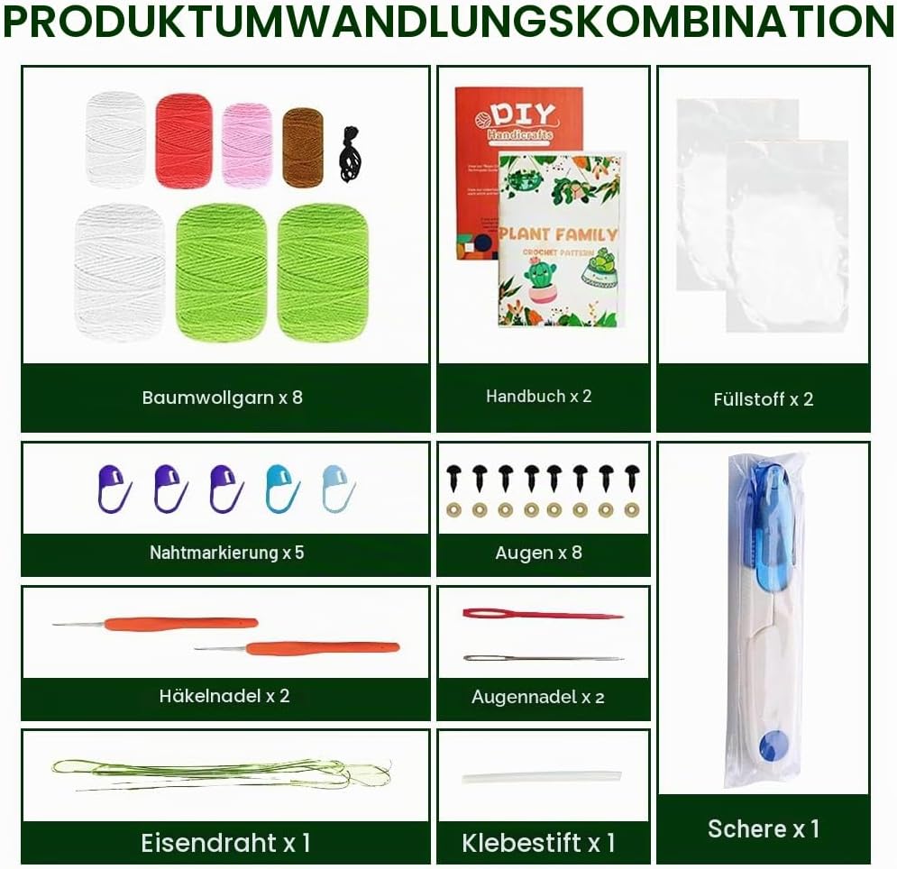 FARYODI Häkelset für Anfänger, Kaktus Handarbeiten Häkel Starter Set mit Häkelnadeln, Garn, Füllung,