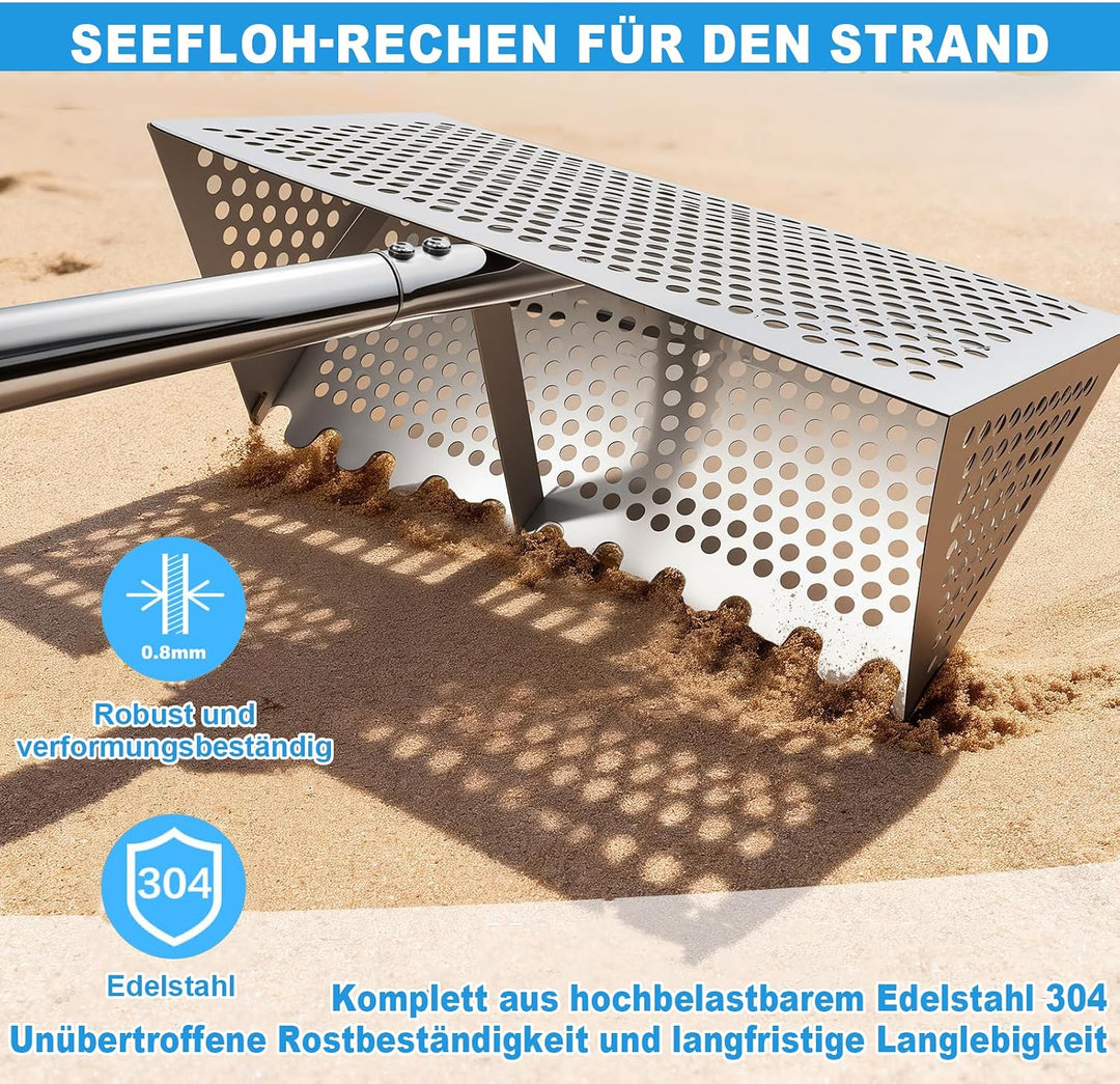 Sand Flohrechen Set, Edelstahl Strandsand Sieb, Abnehmbarer Langer Griff mit Eimer, Handschuhe, Scha