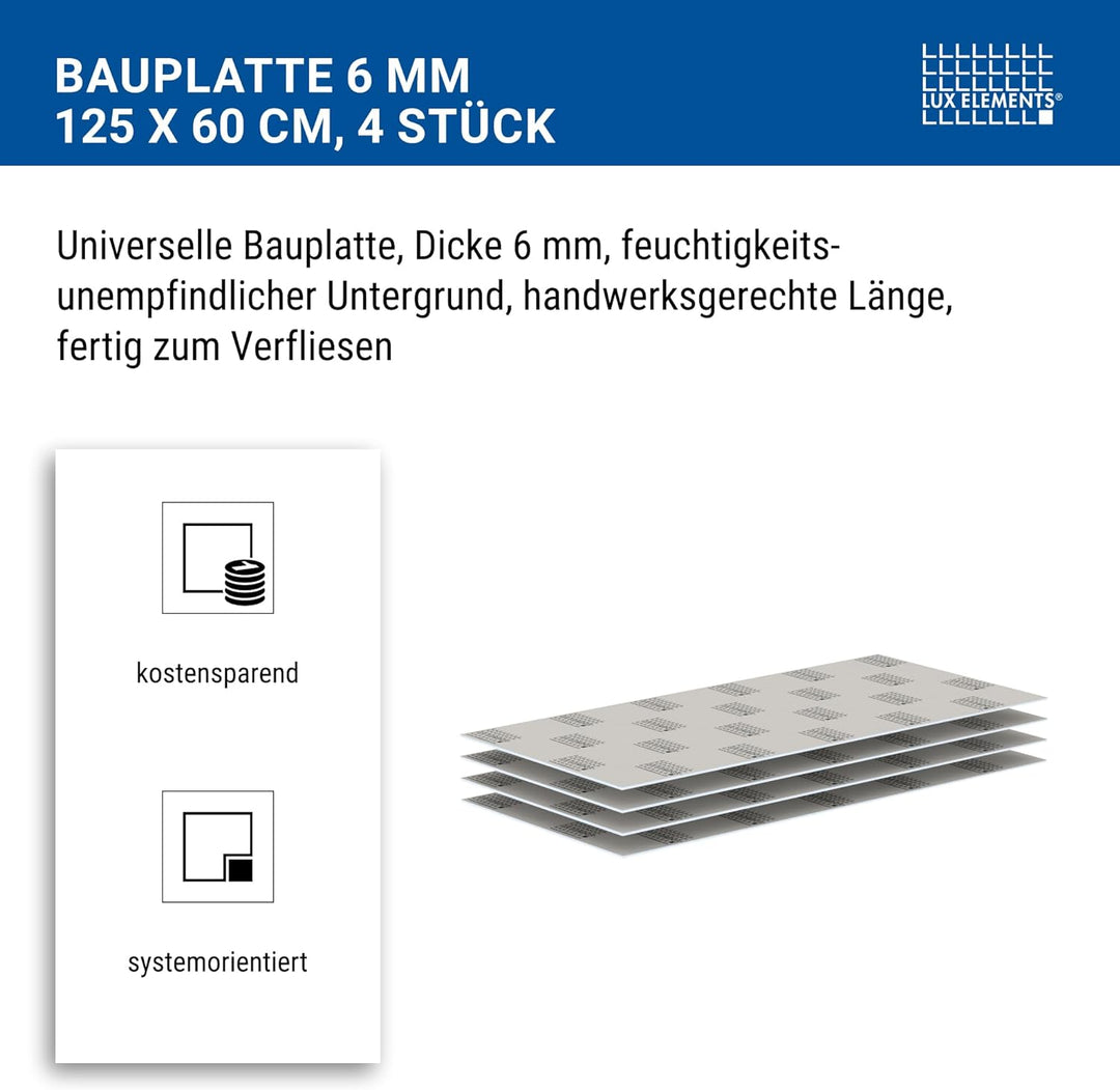 LUX ELEMENTS Bauplatte Fertig zum Verfliesen, 125 x 60 cm, 4 Stück (3 qm) LELEE4117, Grau, 6 mm Baup