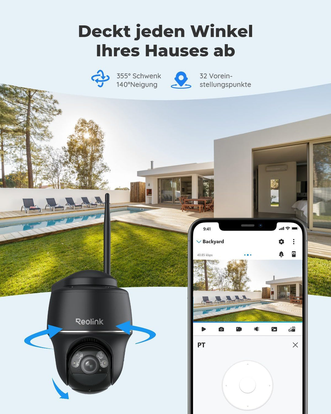 Reolink 2K PTZ Solar Überwachungskamera Aussen Akku 355°/140° Schwenkbar WLAN Kamera Outdoor mit 2,4