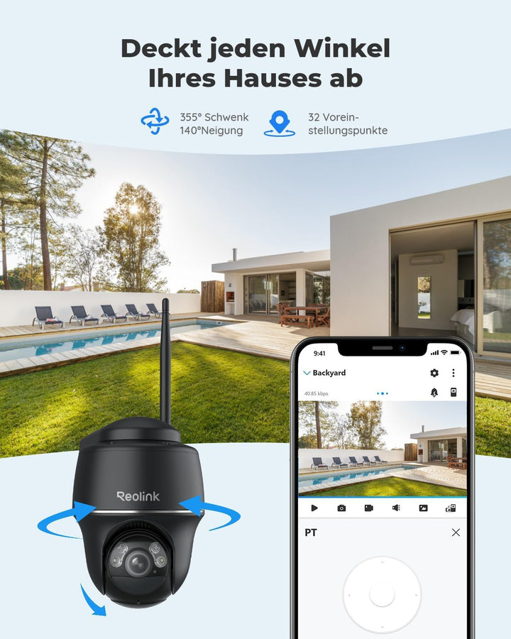 Reolink 2K PTZ Solar Überwachungskamera Aussen Akku 355°/140° Schwenkbar WLAN Kamera Outdoor mit 2,4