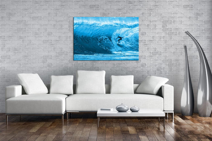 deyoli Surfer in Aktion Format 80x60 Effekt: Monocrome Blau als Leinwandbild, Motiv fertig gerahmt a