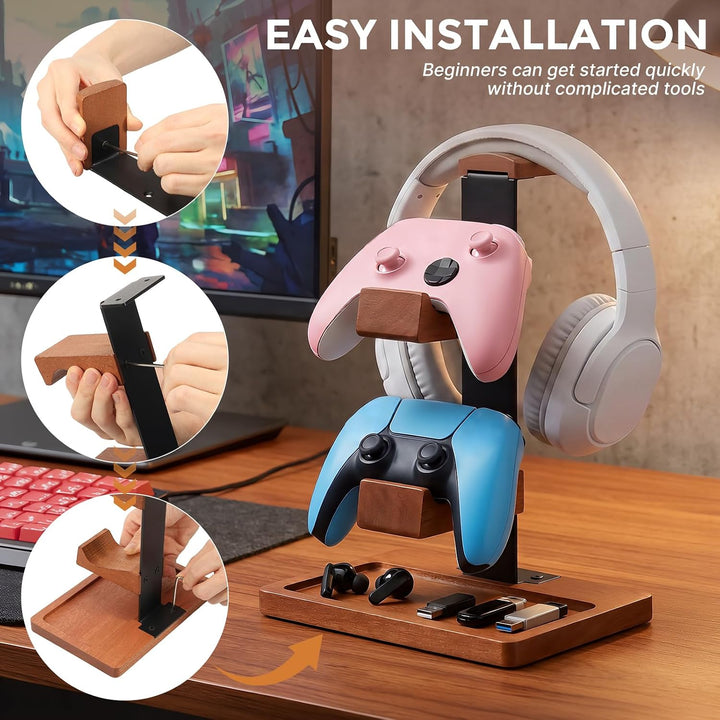 Controller Halter und Headset Ständer Holz, 3-Ebenen Gaming Controller Ständer mit Ablageschale, Mas