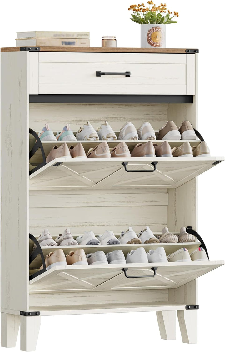 Hzuaneri Schuhschrank mit 2 Klappen, Schuhregal Schuhkipper Schmal, 1 Grosse Schublade, Verstellbar,