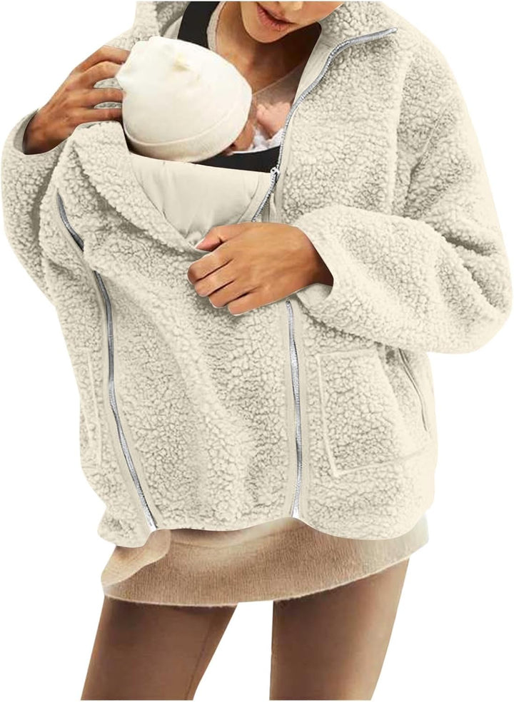 SYDUZAX Umstandsjacke mit Babyeinsatz Warm Teddy Fleecejacke Umstands Baumwolljacke Winter Umstandsm
