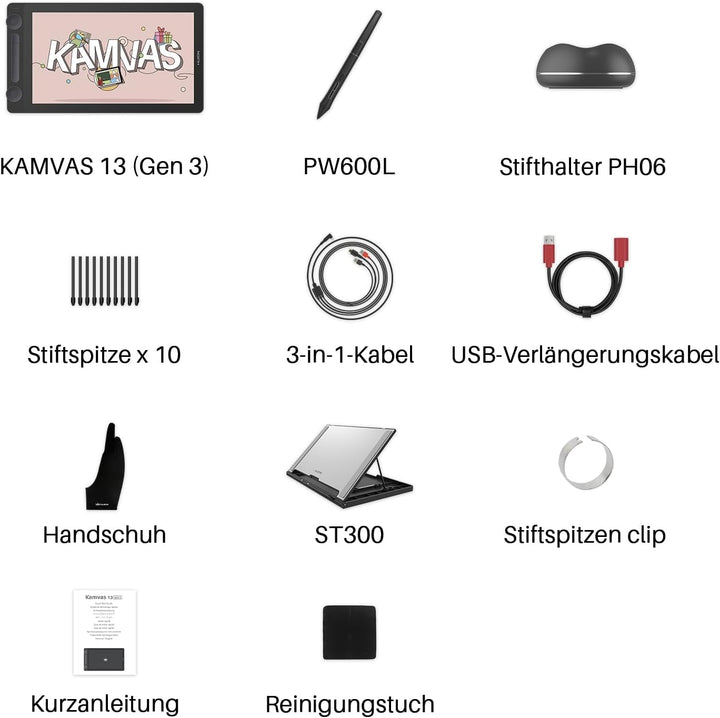 HUION Kamvas 13 (Gen 3) Grafiktablett mit Display, 13,3-Zoll-Zeichenmonitor aus Canvas-Glas, 99% sRG