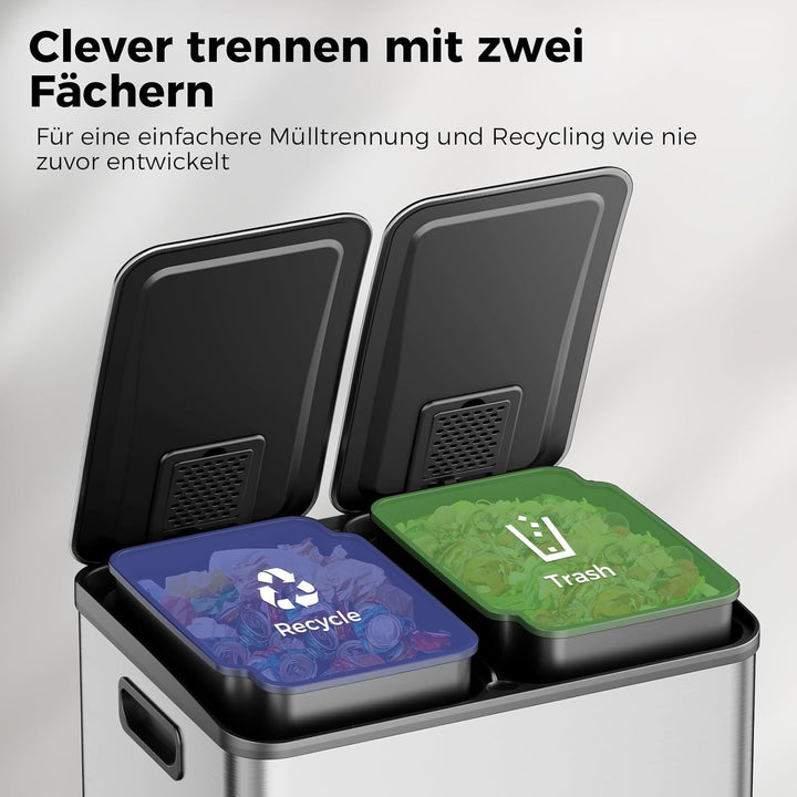 YASHE Mülleimer 2 Fächer mit Deckel, 2x20L Mülleimer Küche, Tretmülleimer Edelstahl mit 20 Müllbeute
