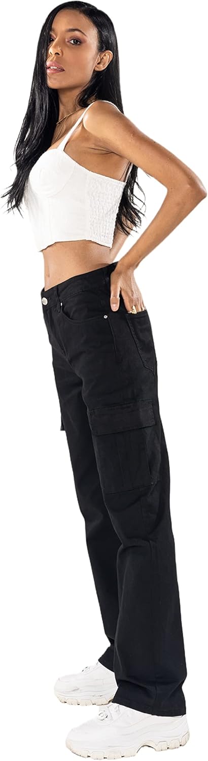 Q1885 Damen Cargo Jeans High Waist Cargohose Stretch Straight Leg Hose, S Schwarz (Q1885-1)