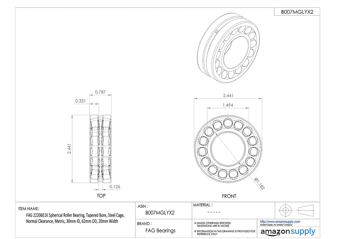 FAG 22206-E1 Kugelrollenlager, 30 mm Ø x 62 mm Ø x 20 mm