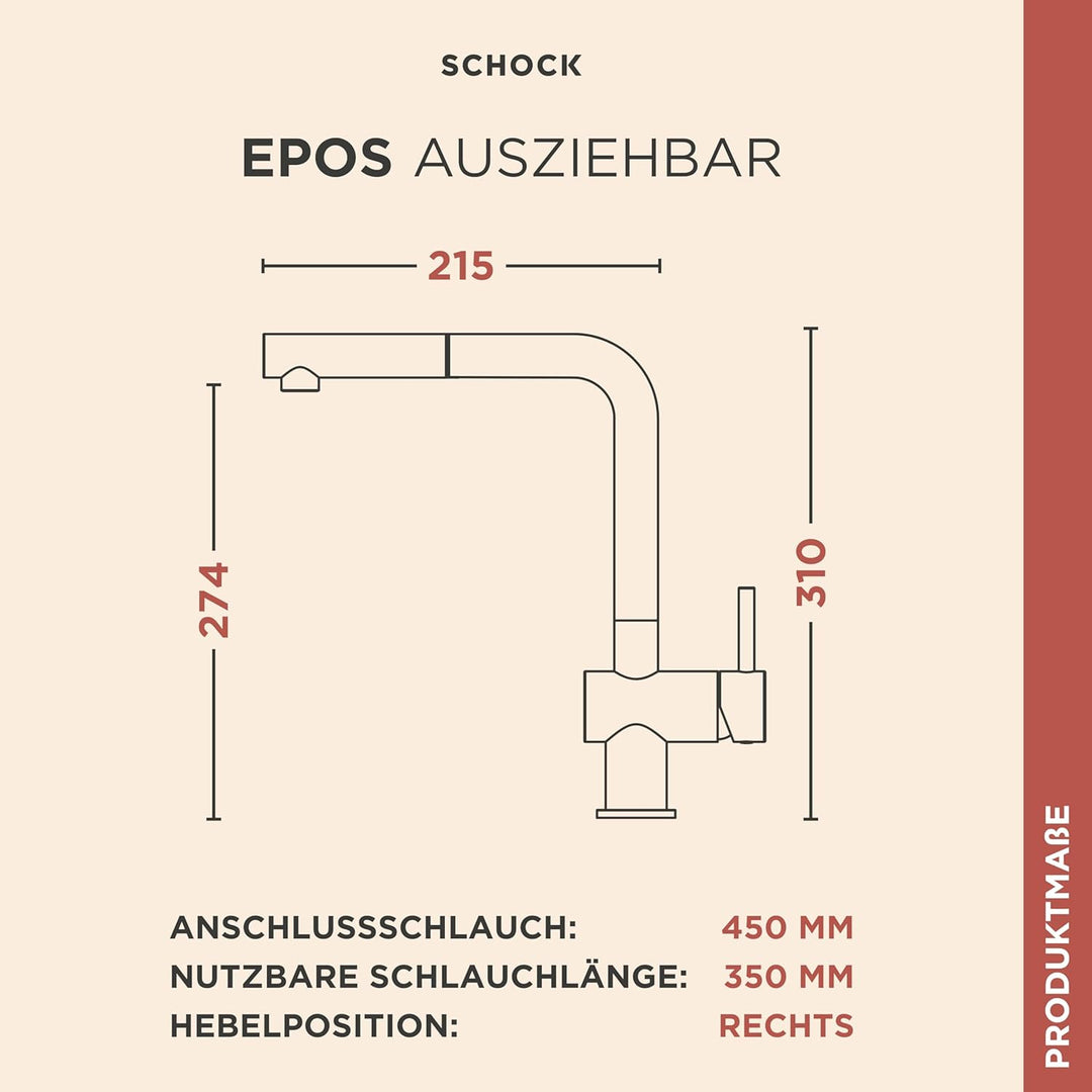 SCHOCK Küchenarmatur Epos Chrom – Hochdruck Armatur mit ausziehbarer Schlauchbrause Schlauchbrause C