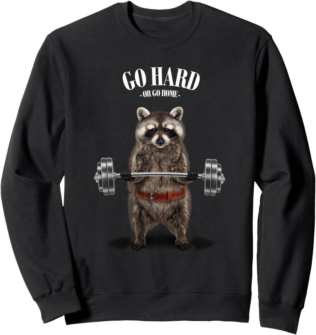 Waschbär, der Gewichte im Fitnessstudio hebt Sweatshirt