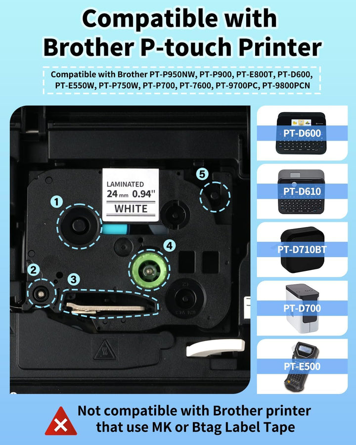 Oozmas TZe251 Schriftband Kompatibel mit Brother P-touch Bänder 24mm Weiss TZe-251, Kompatibel mit B