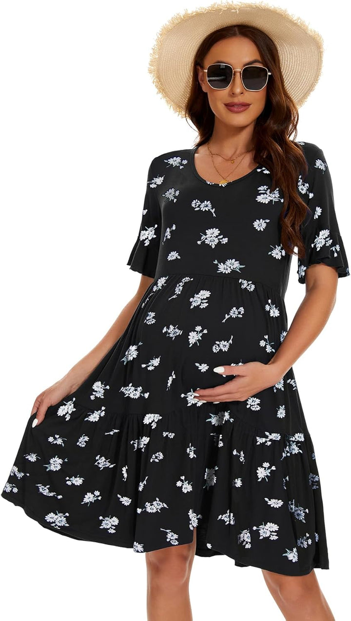 Smallshow Damen Umstandskleid Kurzarm Sommer Schwangerschafts Umstandsmode Kleid L Svp121, L Svp121