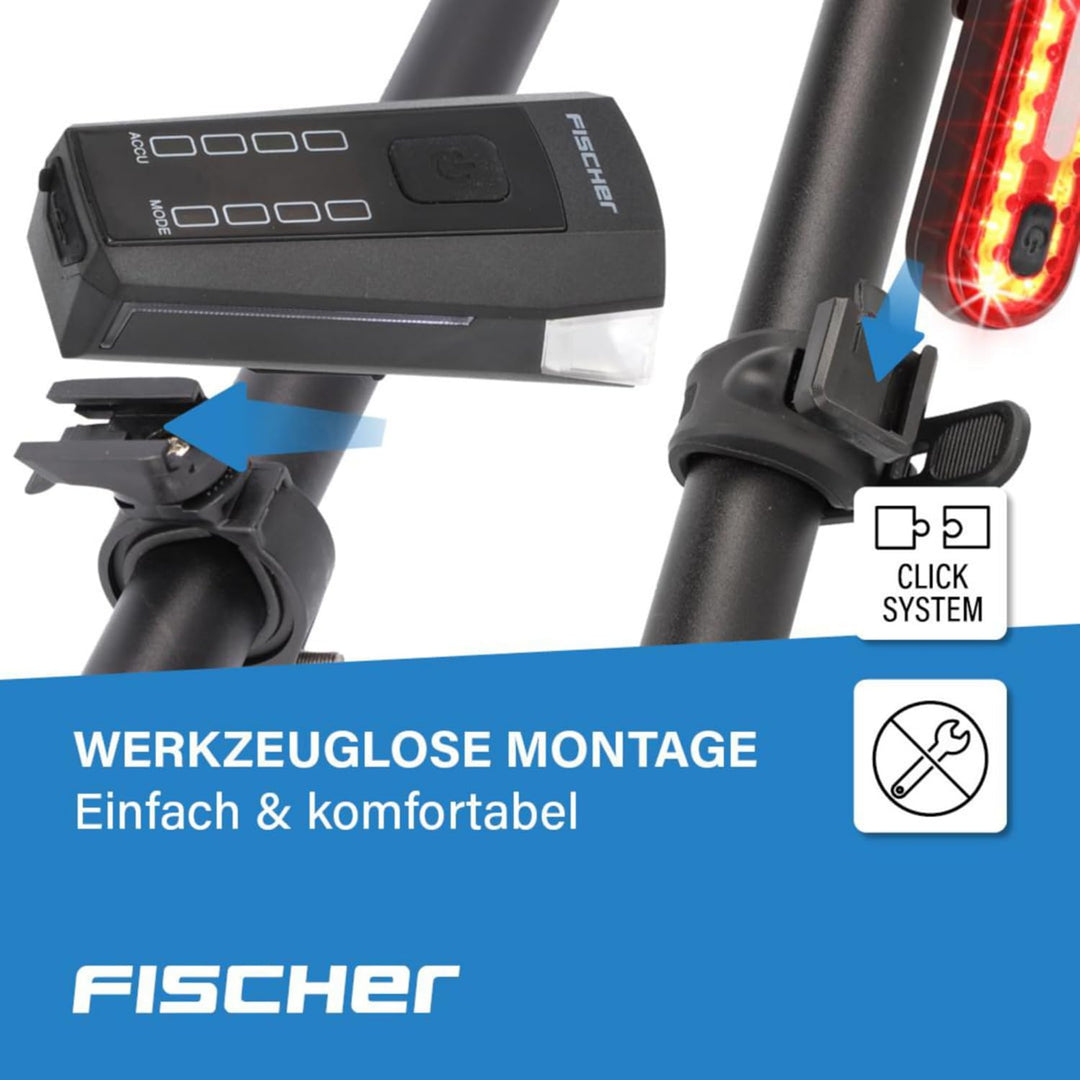 Fischer Fahrrad Beleuchtungs-Set 80/40/20 Lux, Akku-Leuchtenset Stop, Front- und Rückleuchte, mit Ak