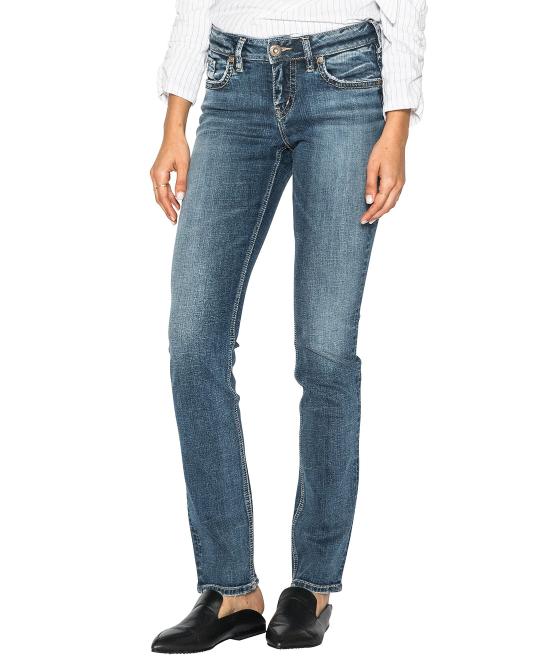 SILVER JEANS Damen Suki Mid Rise Slim Bootcut Plus Size Jeans 29W / 32L Mittlere Sandstrahlung, 29W