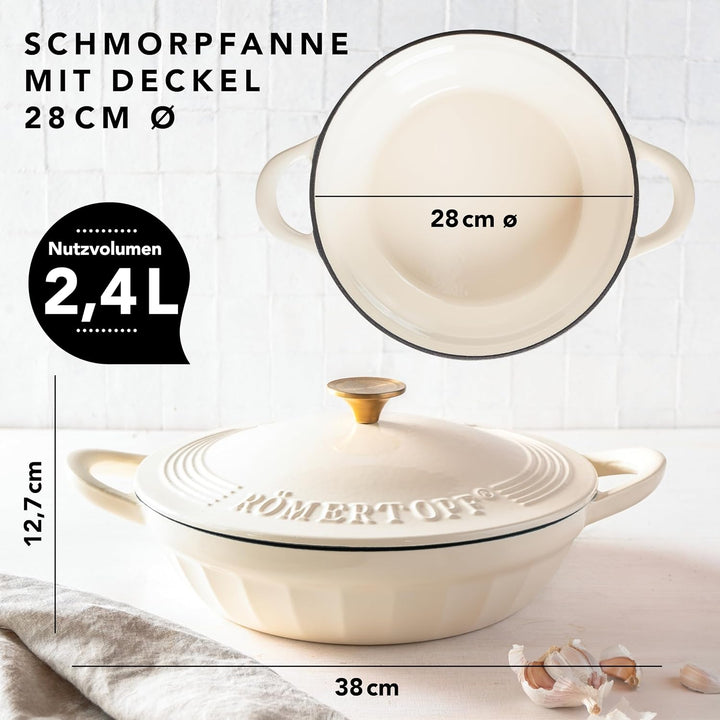 Römertopf Gusseisen Schmorpfanne mit Deckel 28 cm – Sautépfanne Emaille-Beschichtung, alle Herdarten