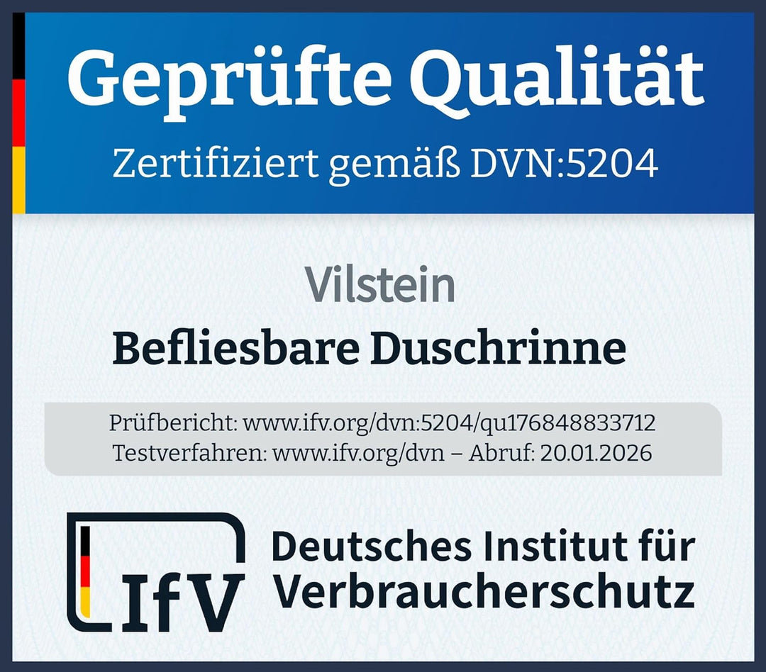 VILSTEIN Duschrinne 30cm | Befliesbar | Edelstahl Bodenablauf Komplettset | Extra flach | Siphon mit