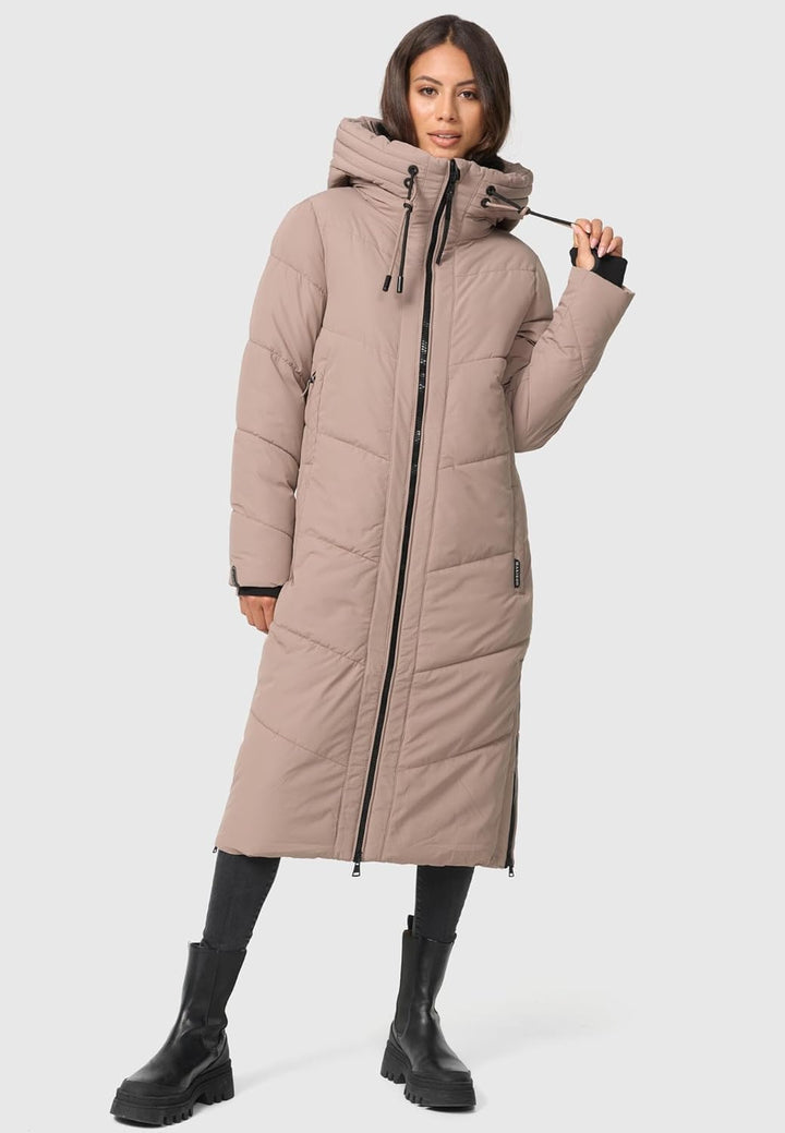 MARIKOO Damen Wintermantel warmer Steppmantel lang mit verstellbarer Kapuze und hohem Kragen Nadaree