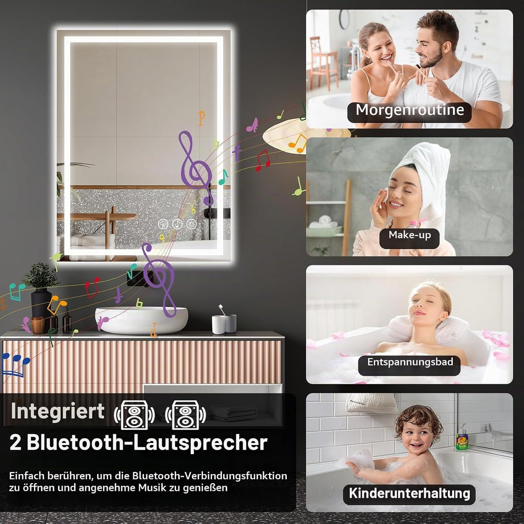Ratsamee Badspiegel mit Beleuchtung LED, 60x80cm Bluetooth Spiegel mit Light, Wandspiegel mit Frontb