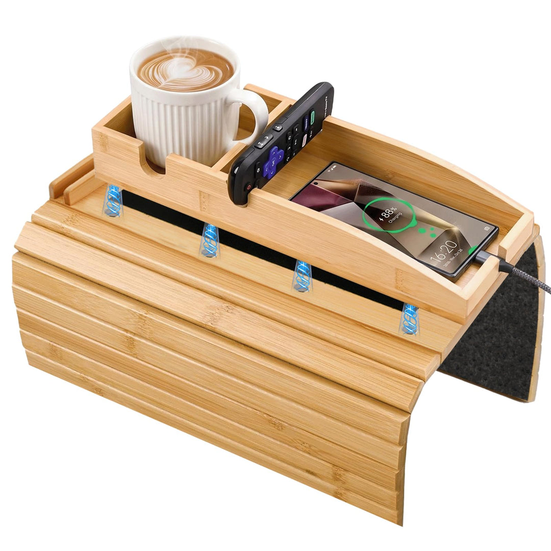 Sofatablett 2-in-1, Bambus Sofa Armlehnen Tablett mit Getränkehalter und Tablet Ständer, Faltbarer C