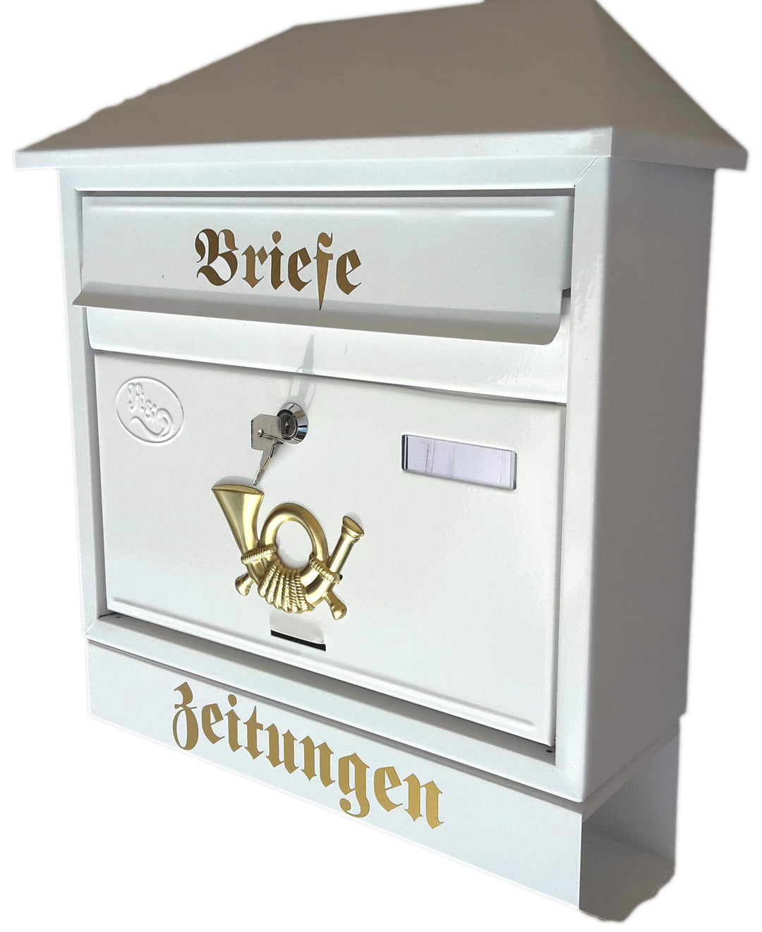 Grosser Briefkasten/Postkasten XXL Weiss mit Zeitungsrolle Schrägdach Trapezdach
