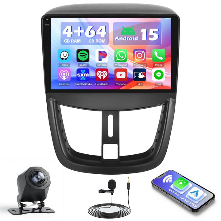 Hikity 4+64G Android 15 Autoradio für Peugeot 207 2006-2015, 9" Incell Bildschirm Radio mit Wireless