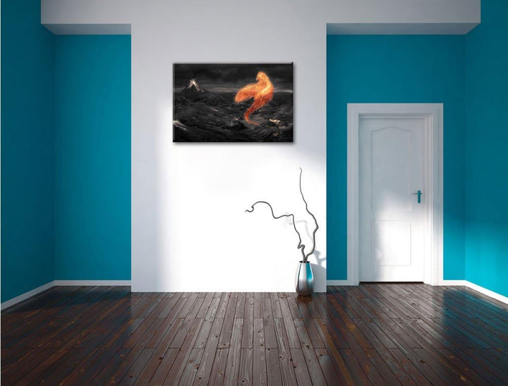 Pixxprint Brennender Phönix Vulkanlandschaft als Leinwandbild/Grösse: 100x70 / Wandbild/Kunstdruck/f